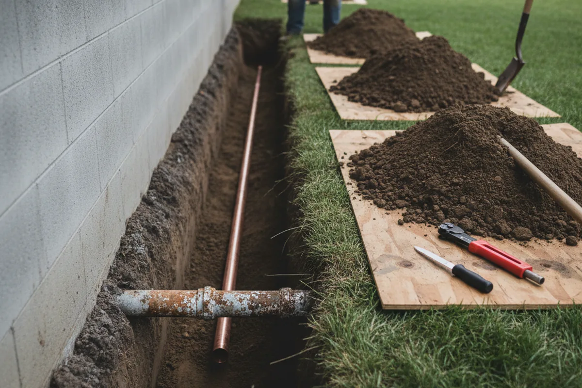 Excavated water line trench during Water Heater Repair in Glyndon